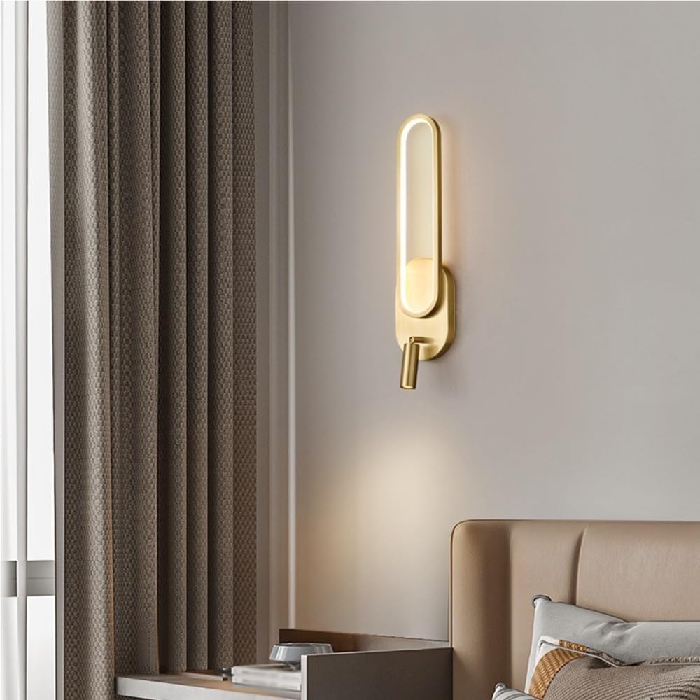 Modern Full Brass Capsule Wall Mount Light Minimalist Ring Ambient Wall Sconce with Small Spotlight Indoor 3-Color Dimmable Decor Wall Lamp for Bedroom Living Room