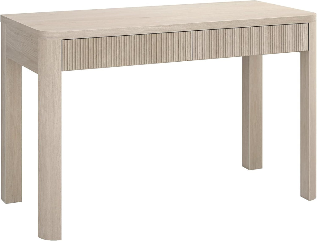 Henn&Hart 48' Fluted Modern Rectangular Wooden Home Office Desk Computer Desk Writing Table with 2 Ribbed Storage Drawers for Bedroom, Living Room, or Home Office, Beech White