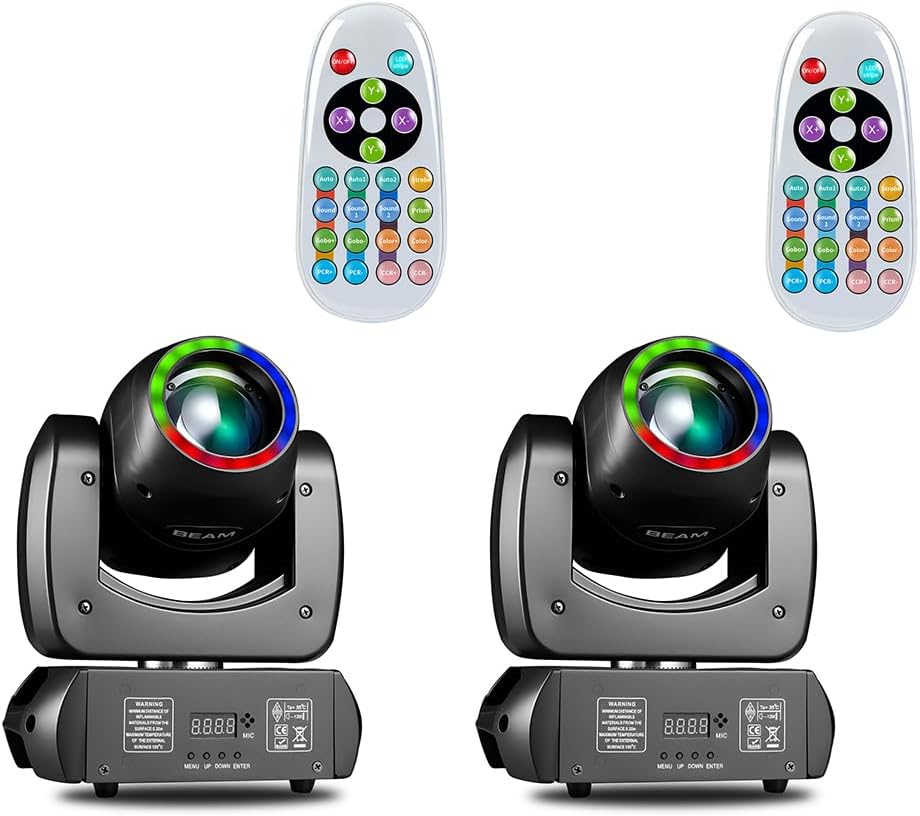 MINGJIE Moving Head Light, 120W Professional DJ Led Stage Light, Beam Spotlight 110000Lux with 8 Gobos & 8 Colors, DMX512 & Sound Activated & Remote Control for Club, Disco, Party,Bar, Show（2PCS）