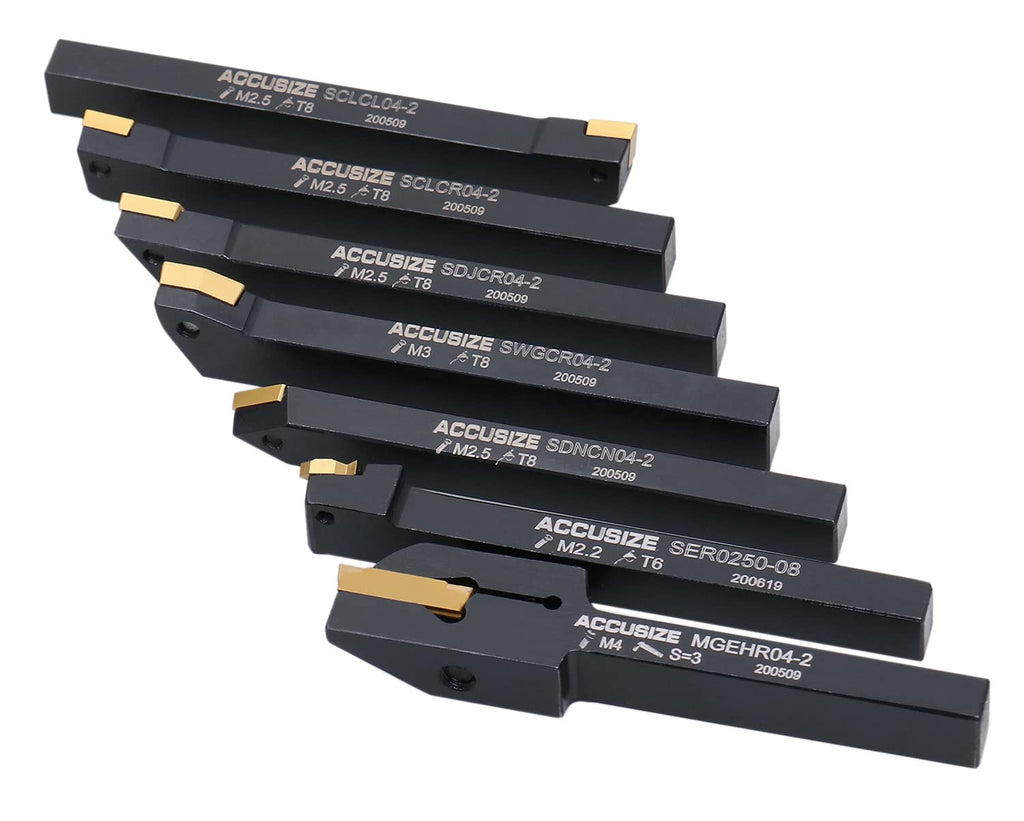 Accusize Industrial Tools 1/4'' Shank 7 Pc Indexable Carbide Turning Tool Set in Fitted Box, 2387-2001