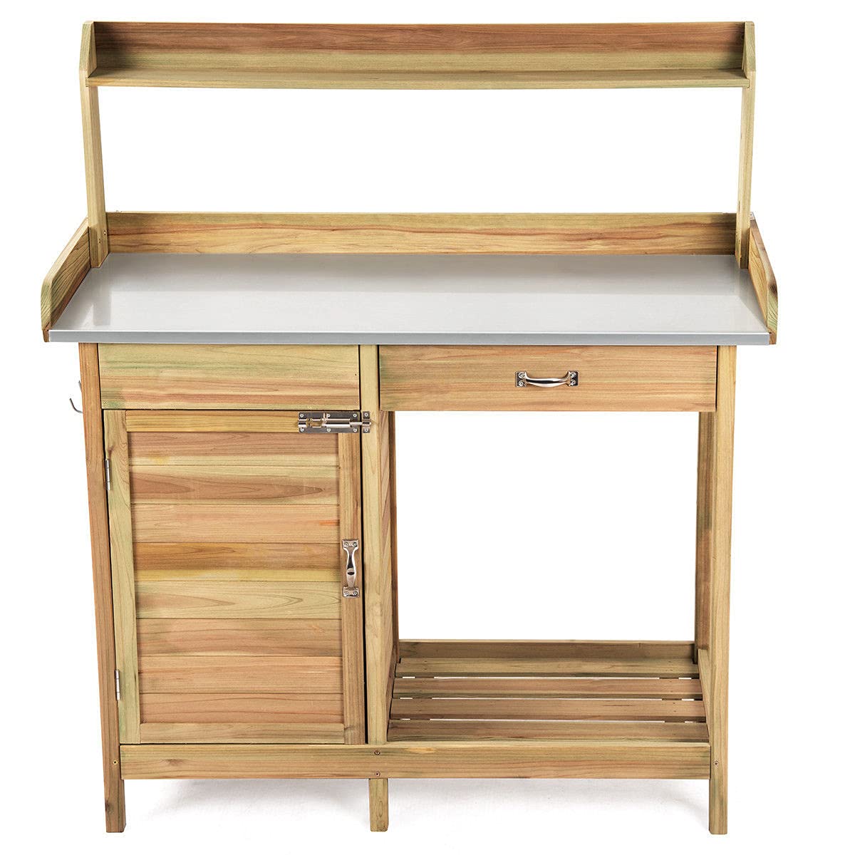 Natural Wooden Outdoor Planting Cabinet Garden Potting Bench Workbench Table Storage Cabinet Compartment Drawer Open Shelf 3 Side Hooks Metal Spacious Tabletop Gardening Supplies Tools Storage