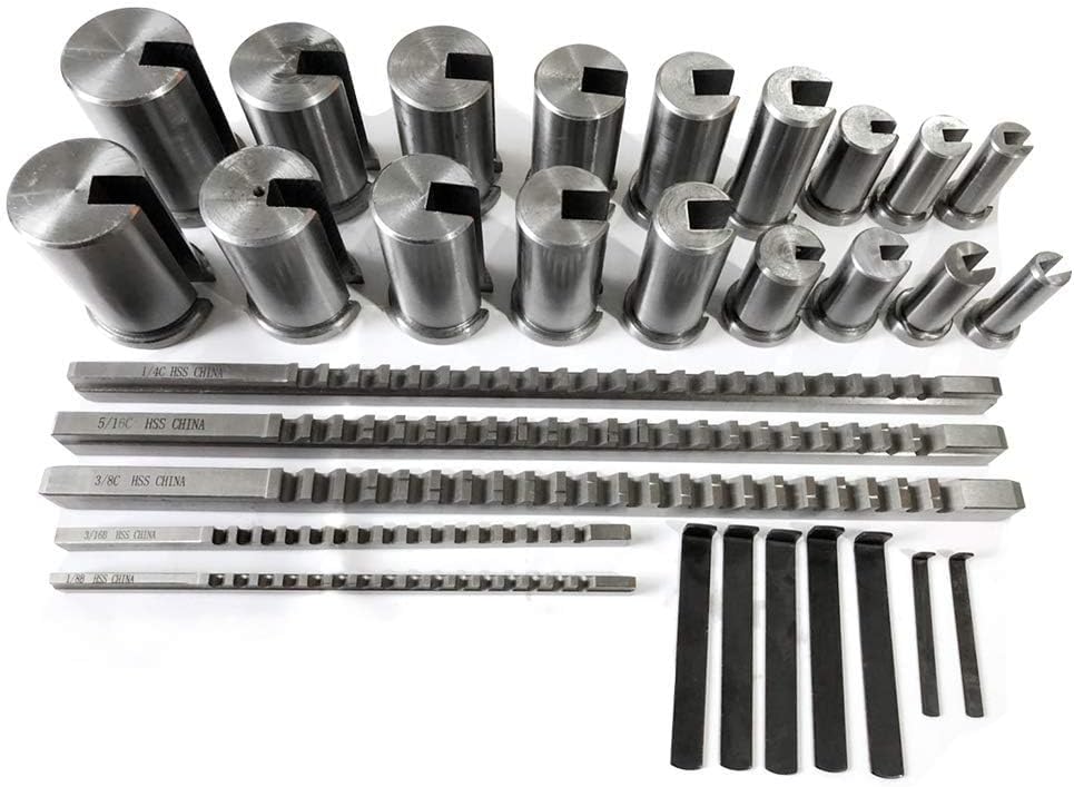 Keyway Broach Kit 30 Pcs,HSS Industrial Tools for Lathe Inch Size 5 pcs Broach & 18 Collared Bushing & 7 Shims Cutting Tools for Lathe Keyway Size