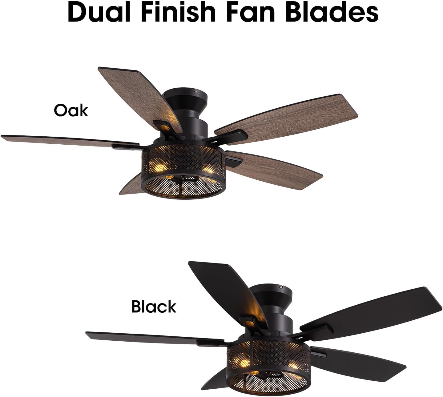 LuminFan Flush Mount Ceiling Fans with Lights and Remote Control, Low Profile Farmhouse Ceiling Fan with LED Lighting for Bedroom Living Room and Patio, Black Caged Ceiling Fan for Indoor and Outdoor