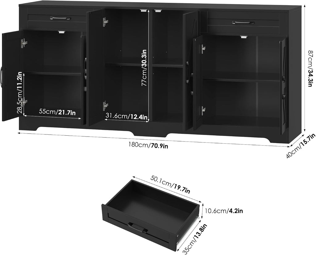BOTLOG 71' Large Sideboard Buffet Cabinet with Storage, Farmhouse Kitchen Buffet Cabinet with Adjustable Shelves and 6 Barn Doors, Wood Coffee Wine Bar Console Table for Kitchen, Dining Room, Black