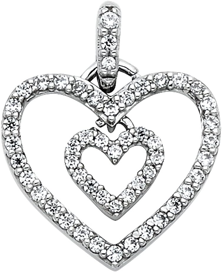 14k White Gold Love Heart CZ Pendant with 1.1mm Cable Chain Necklace