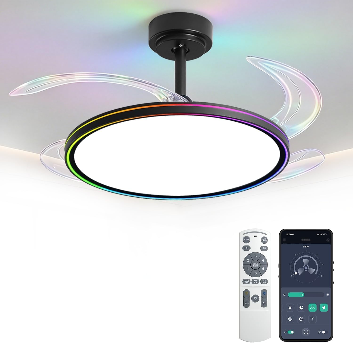 BAYSQUIRREL Slim Retractable Ceiling Fan, 42 Inch Low Profile Ceiling Fan with Remote Control, Dimmable Full Spectrum with Memory, 6-Speed Reversible Fan, Black