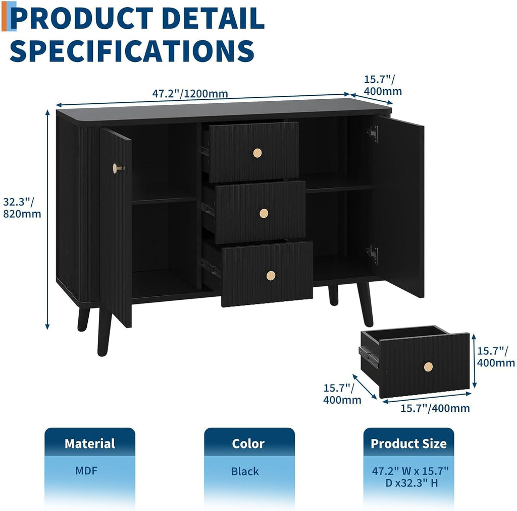 47.2' w Fluted Buffet Cabinet with 3 Drawers & 2 Adjustable Shelves, Storage Cabinet with 2 Door, Modern Mid Century TV Stand Coffee Bar Cabinets for Living Room, Kitchen, Entryway