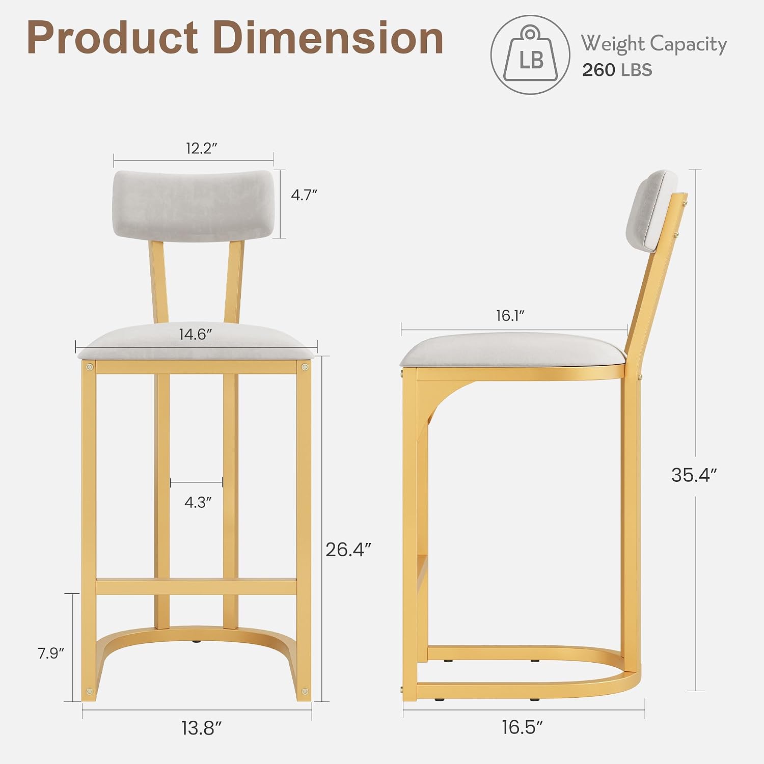 Garvee Bar Stools Set of 4, Counter Height Bar Stools for Kitchen Counter, Island Chairs for Dining Table, Modern Tall Barstools with Back, Metal Counter Stools with Upholstered for Kitchen (Gold)