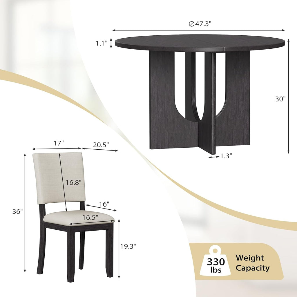 Zevemomo 47.3' Round Solid Wood Dining Table Set for 4, 5-Piece Kitchen Table Set with 4 Upholstered Chairs, Modern Round Dining Sets for Kitchen, Living Room, Black