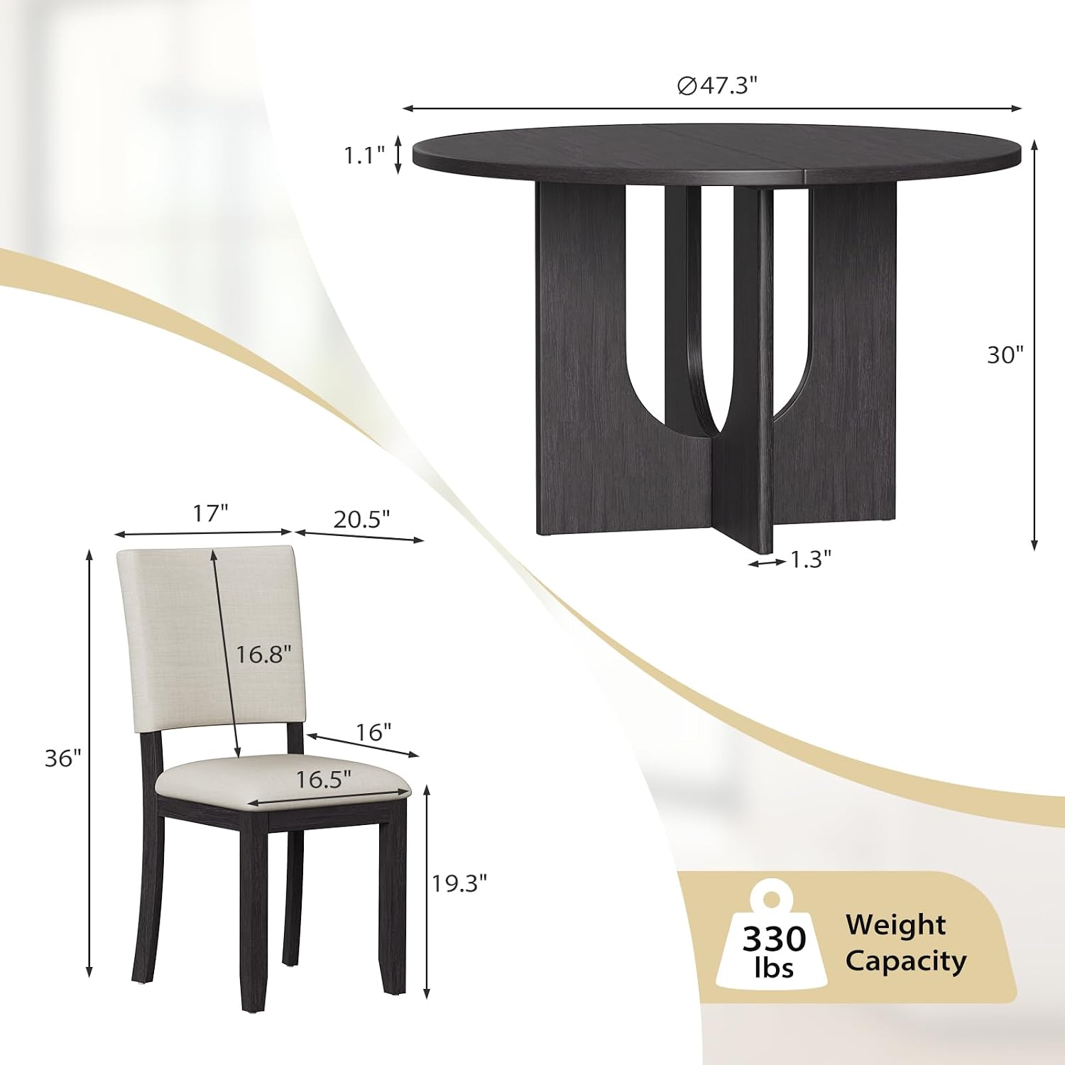 Zevemomo 47.3' Round Solid Wood Dining Table Set for 4, 5-Piece Kitchen Table Set with 4 Upholstered Chairs, Modern Round Dining Sets for Kitchen, Living Room, Black