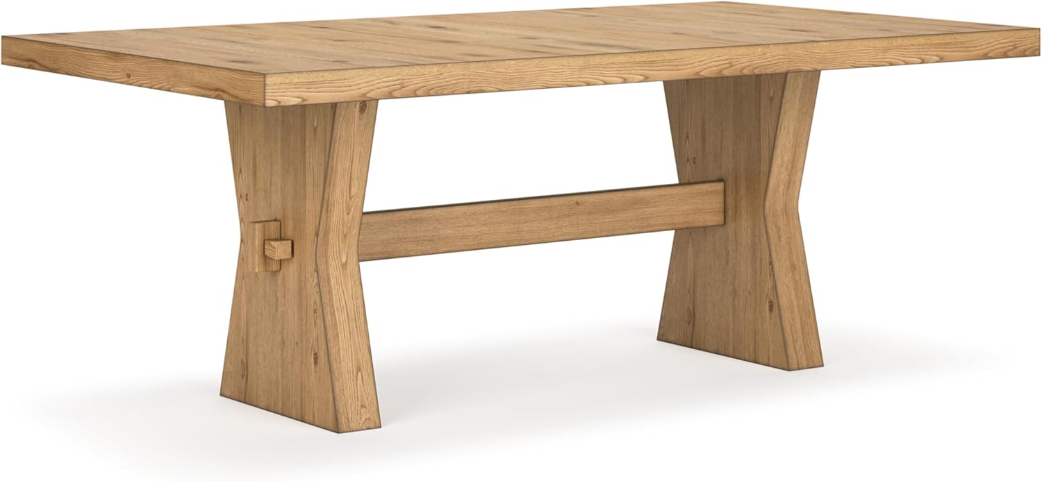 Signature Design by Ashley Galliden Farmhouse Dining Table with Extra-Thick Tabletop and Trestle Base, Light Brown