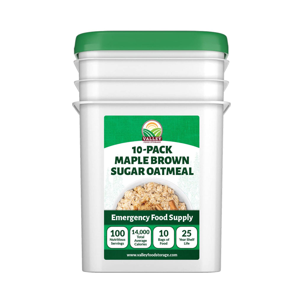 Valley Food Storage Maple Brown Sugar Oatmeal | 10-Bag Bucket, 100 Servings | Premium Emergency Food Supply, 25 Year Shelf Life | Survival Breakfast Food for Prepper Storage & Camping