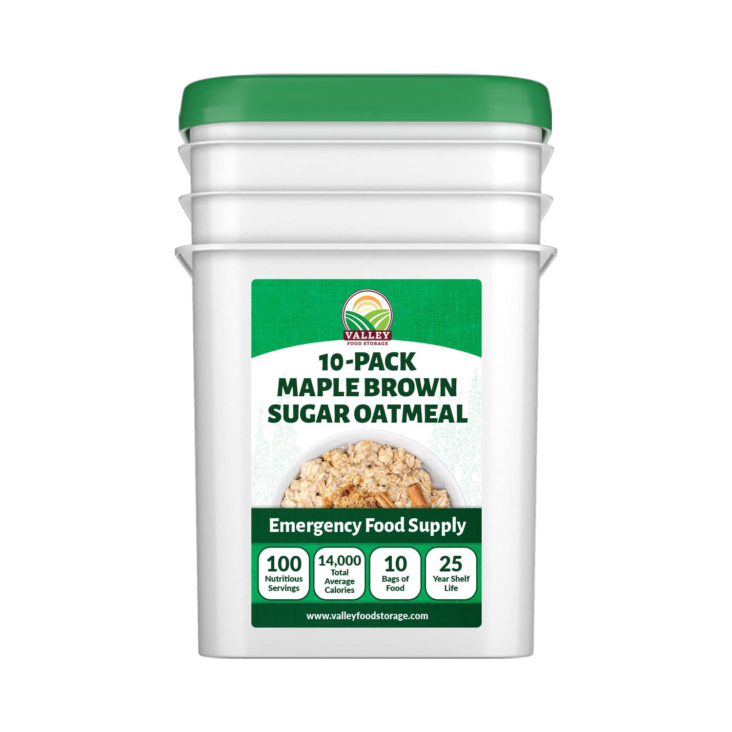 Valley Food Storage Maple Brown Sugar Oatmeal | 10-Bag Bucket, 100 Servings | Premium Emergency Food Supply, 25 Year Shelf Life | Survival Breakfast Food for Prepper Storage & Camping