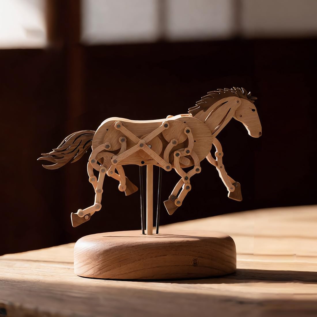 Wooden Running Horse Dynamic Model with Moving Mechanism, Handmade Solid Wood Animal Model, Kinetic Mechanical Wooden Art, Relaxing Desk & Shelf Decor for Bedroom & Office
