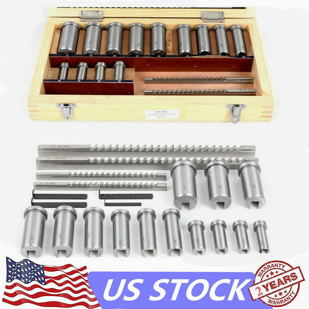 22 Pcs Keyway Broach Set in Fitted Box, Industrial Tools Metric Size Broaching Cutter Collared Bushing Shim Set W/ 4 Pcs Broach & 13 Collared Bushing & 5 Gaskets (US Stock)