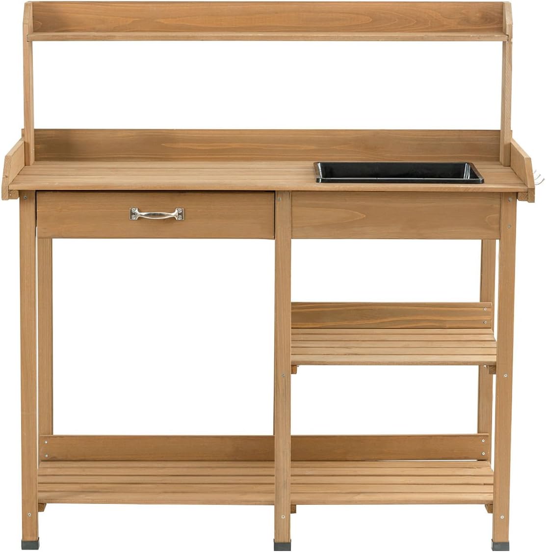 Wooden Outdoor Planting Gardening Garden Potting Bench Workbench Workstation Table Removable Sink Drawer 2 Tiers Storage Shelves Rack Open Shelf 3 Side Hooks Gardening Supplies Tools Storage