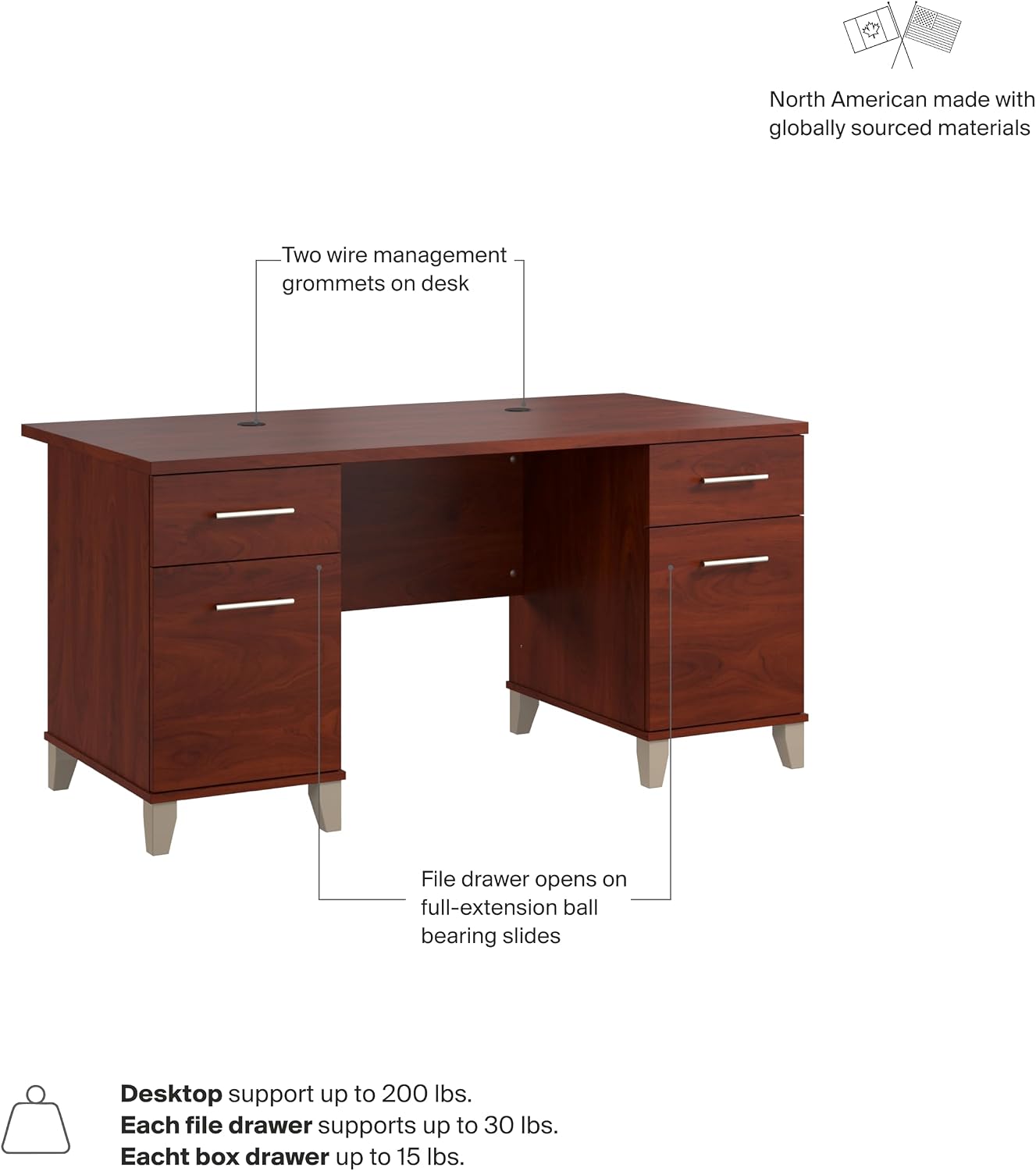 Bush Home 60-Inch Office Desk with Drawers, Computer Desk with File and Box Drawers, Home Office Workstation with Storage Cabinet, Writing Desk Furniture, Somerset Collection, Hansen Cherry