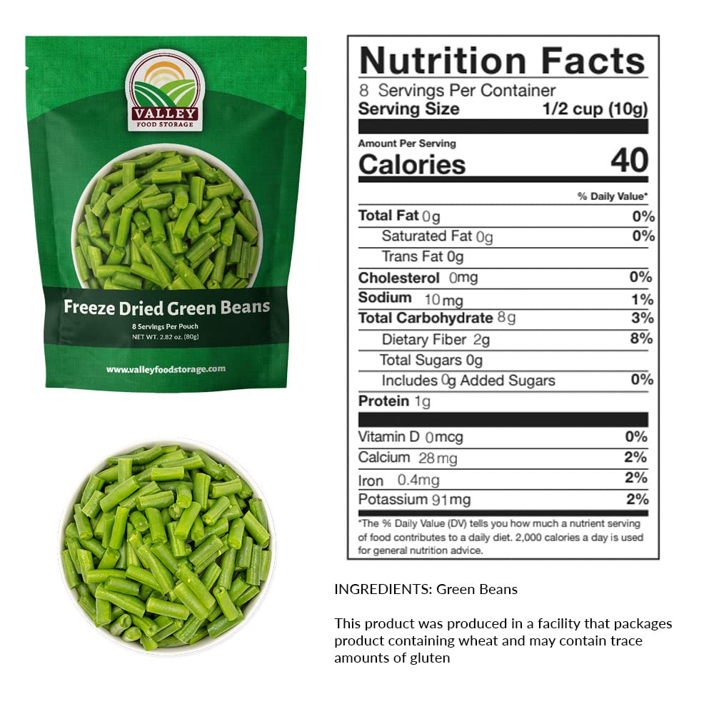 Valley Food Storage Freeze Dried Green Beans | 10-Bag Bucket, 28.2 oz | Premium Emergency Food Supply, 25 Year Shelf Life | Non-GMO Prepper Food for Camping, Cooking & Long-Term Storage, Packaged in USA
