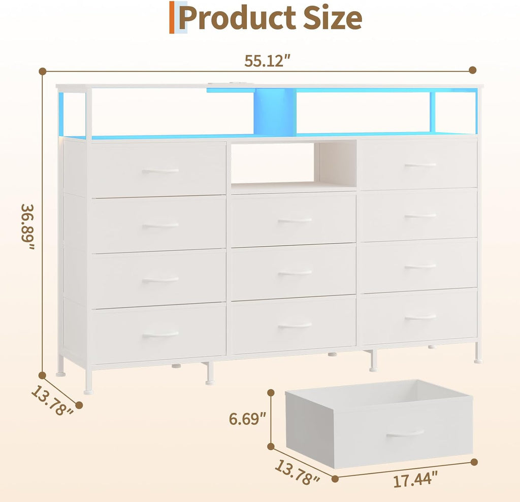 Dresser for Bedroom with LED Lights & Charging Station, 11 Drawer Dressers & Chests of Drawers, Steel Frame, Wood Top, 55 ' Fabric Dresser TV Stand for Bedroom,Hallway, Storage Organization, Entryway