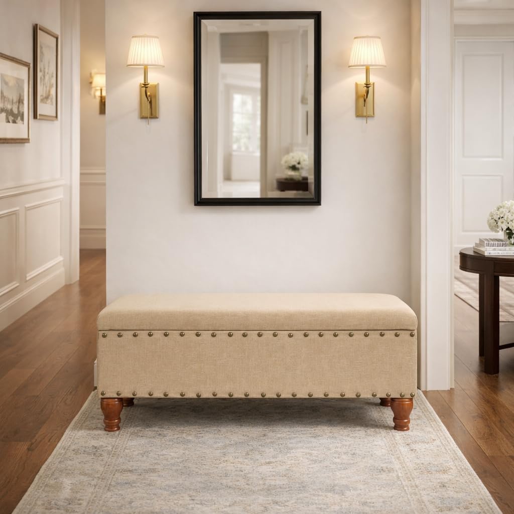 Homepop Home Decor | Upholstered Bench with Nailhead Trim | Large Ottoman with Storage for Living Room & Bedroom | Decorative Home Furniture, Tan Linen