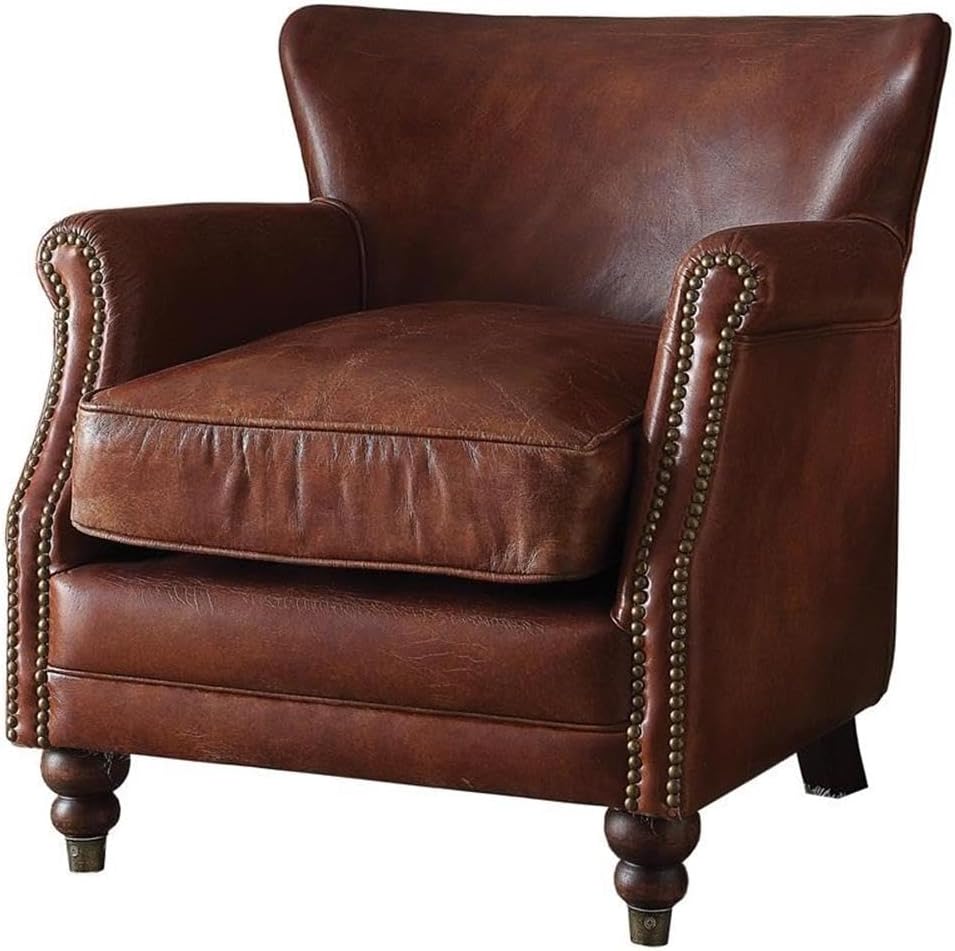 Acme Leeds Top Grain Leather Upholstery Accent Chair in Vintage Dark Brown
