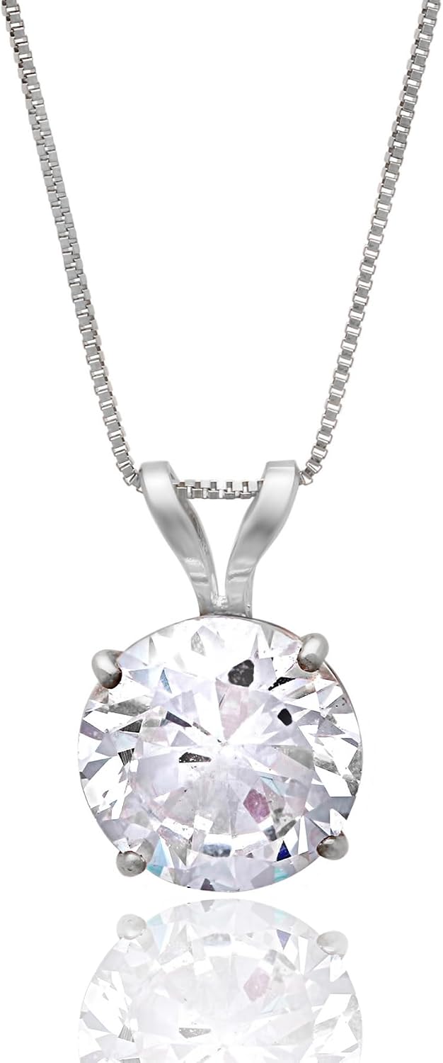 MAX + STONE 14k Gold 8mm Round Solitaire Cubic Zirconia Pendant Necklace for Women with 18 Inch Box Chain