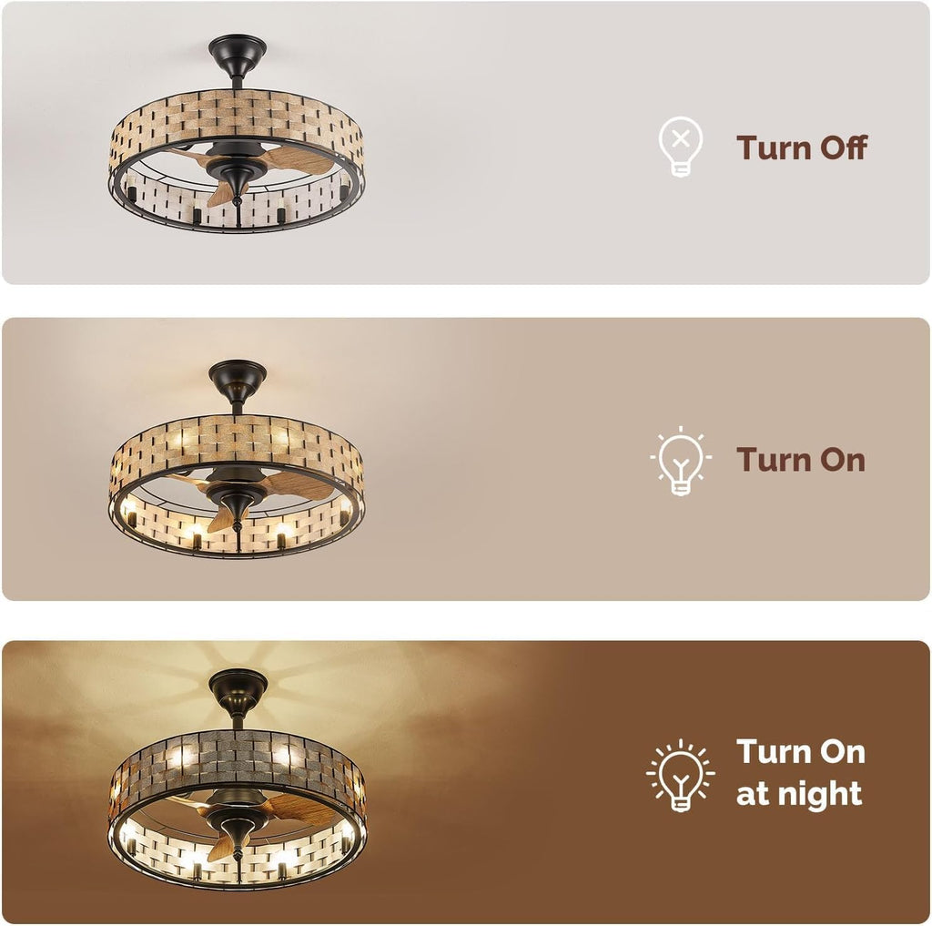 Orison 24' Caged Ceiling Fan with Lights, 2 Ways Control(App&Remote Control), Light Kit Included(8 Bulbs), Modern Farmhouse