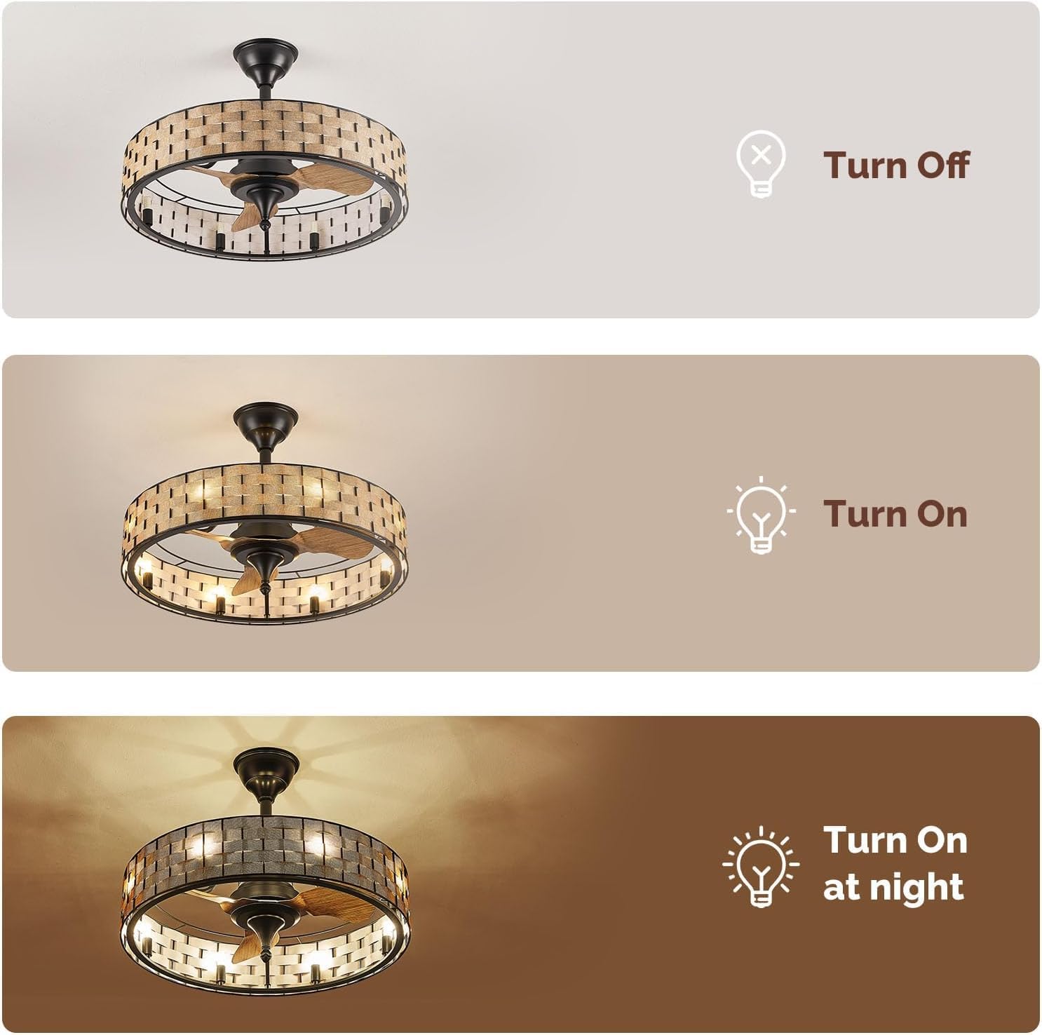 Orison 24' Caged Ceiling Fan with Lights, 2 Ways Control(App&Remote Control), Light Kit Included(8 Bulbs), Modern Farmhouse