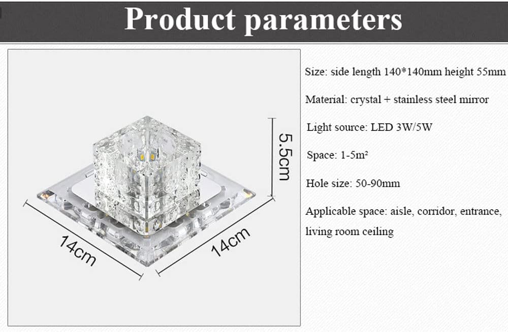 6 Piece Modern Crystal LED Downlights - Square Ceiling Spotlights for Indoor Bedroom Home Lighting - Warm White 5W/3W