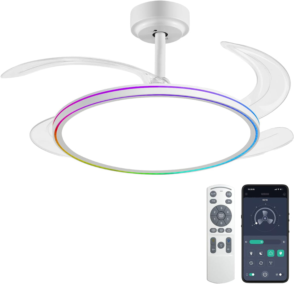 BAYSQUIRREL Slim Retractable Ceiling Fan, 42 Inch Low Profile Ceiling Fan with Remote Control, Dimmable Full Spectrum with Memory, 6-Speed Reversible Fan, White