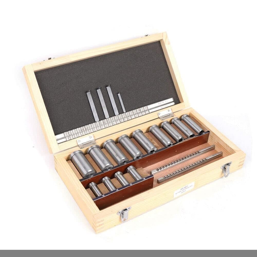 Machinery Keyway Tools 22 Pcs Keyway Broach Set in Fitted Box, Industrial Tools Metric Size Broaching Cutter Collared Bushing Shim Set W/ 4 Pcs Broach & 13 Collared Bushing & 5 Gaskets