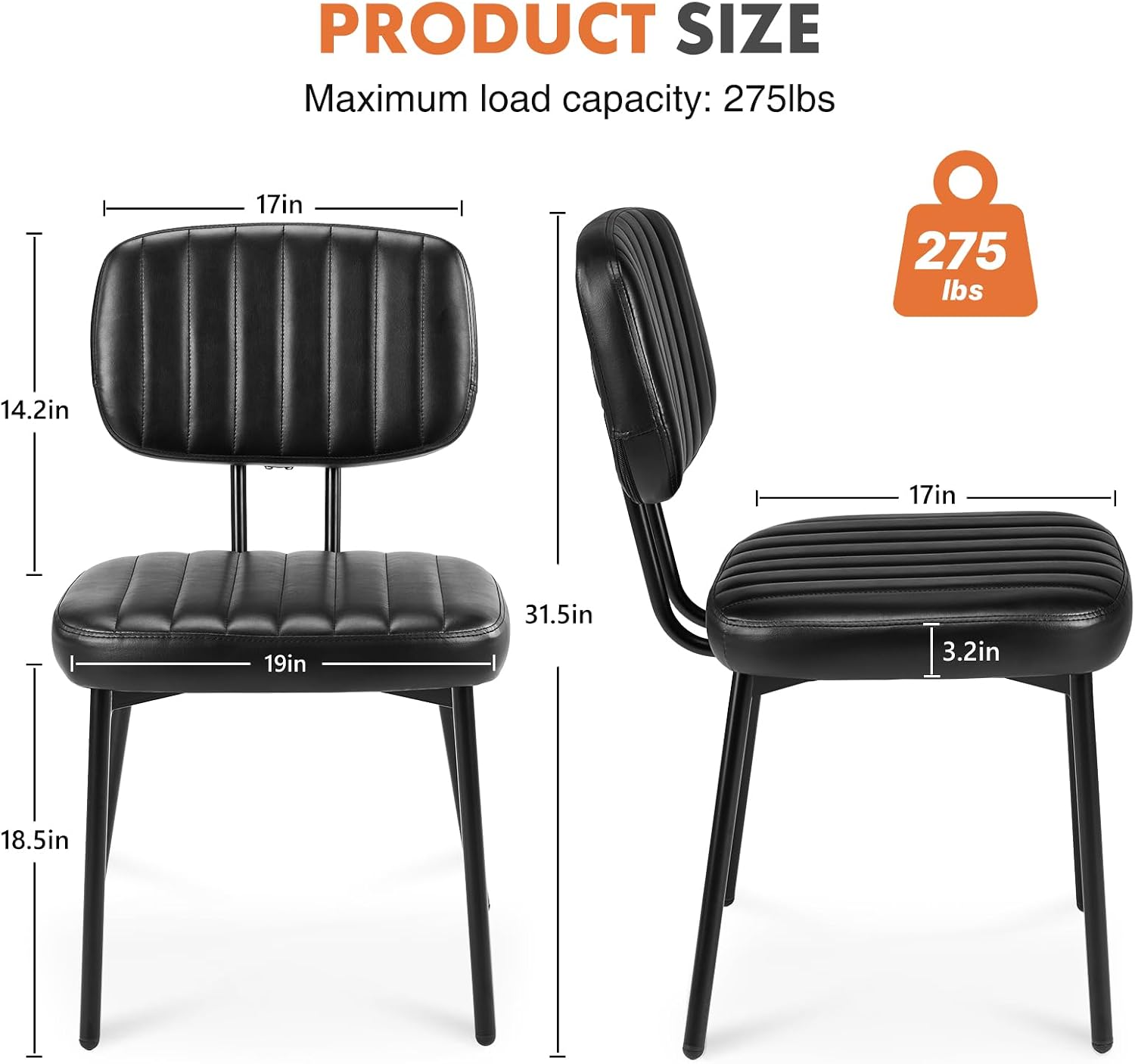Sweetcrispy Dining Chairs Set of 4, Upholstered Mid Century Modern Kitchen Accent Chairs with Faux Leather Cushion Seat & Metal Legs for Home Office, Living Room - Black