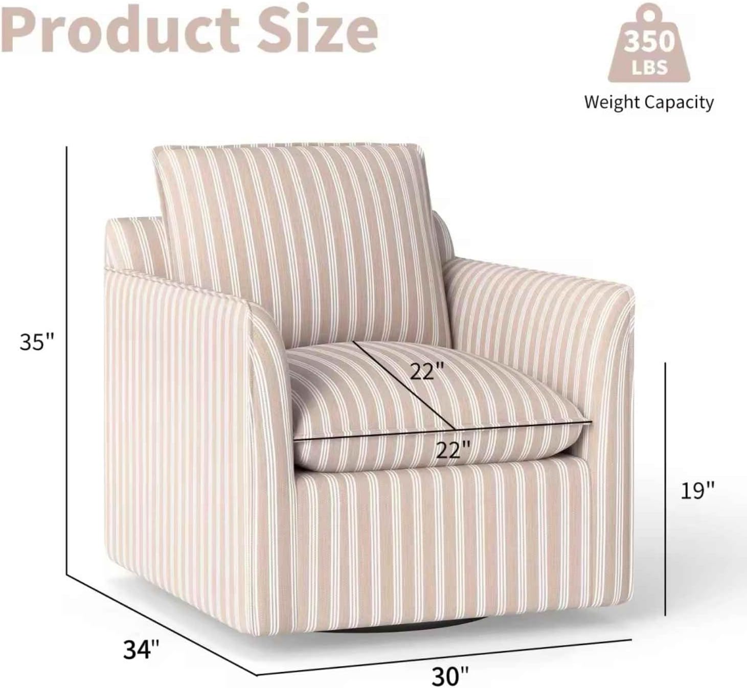 INZOY Swivel Accent Square Chair with Thick Padded Backrest Cushion, Swivel Reading Chair for Living Room Bedroom Small Spaces, Brown Stripe