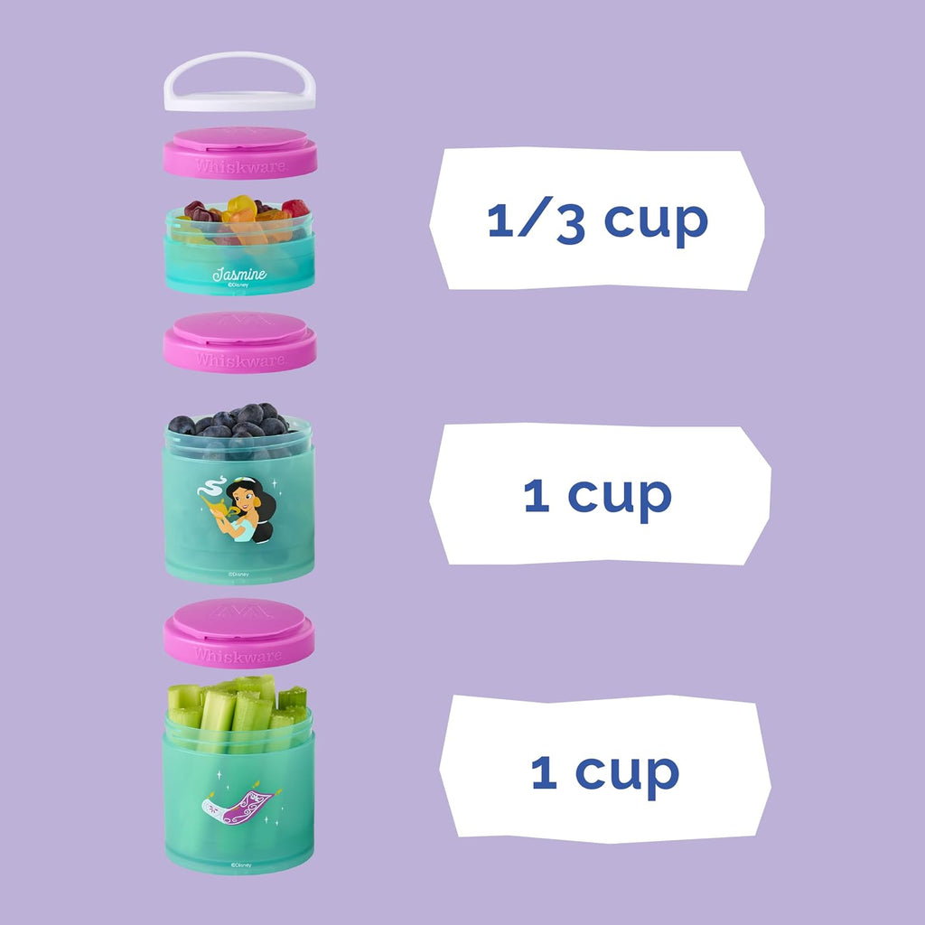 Whiskware Disney Princess Aladdin, Stackable Snack Containers for Kids, 3 Stackable Snack Cups for School or Travel, Backpack and Cupholder Friendly, Jasmine and Magic Carpet (Pack of 12)