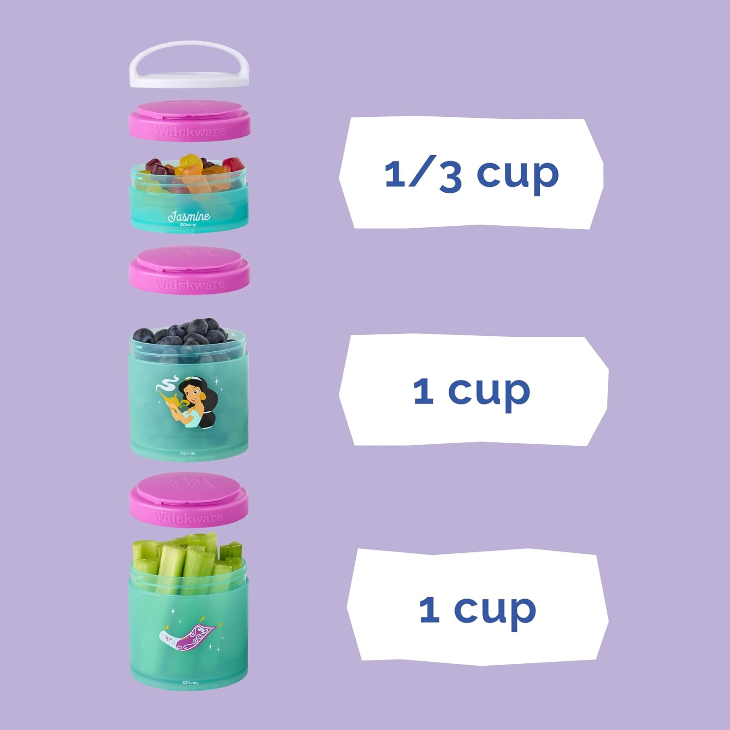Whiskware Disney Princess Aladdin, Stackable Snack Containers for Kids, 3 Stackable Snack Cups for School or Travel, Backpack and Cupholder Friendly, Jasmine and Magic Carpet (Pack of 12)