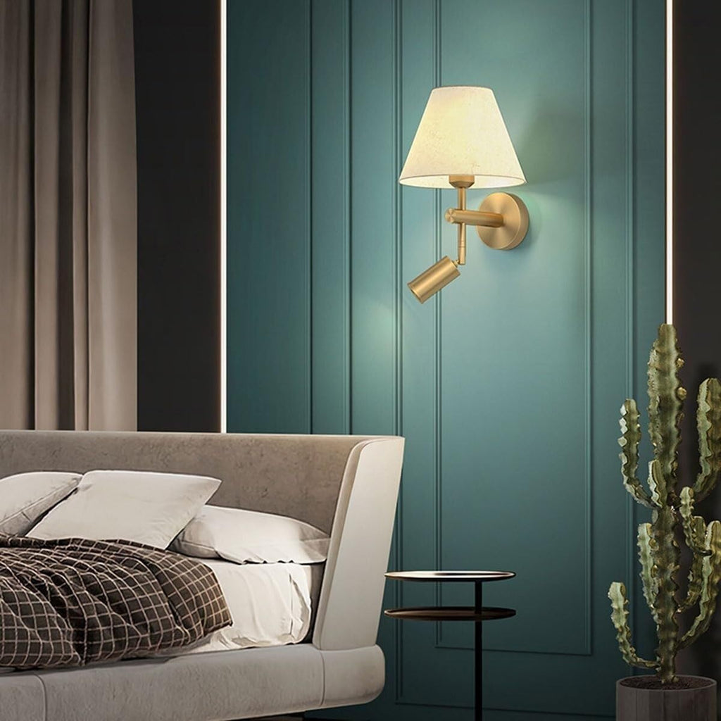 White Fabric Wall Light Modern Brass Reading All Copper Lamps Bedside Sconce with Spotlight Indoor Mounted E27 Base Lighting for Living Room Restaurant Loft Kitc Oldsix-66