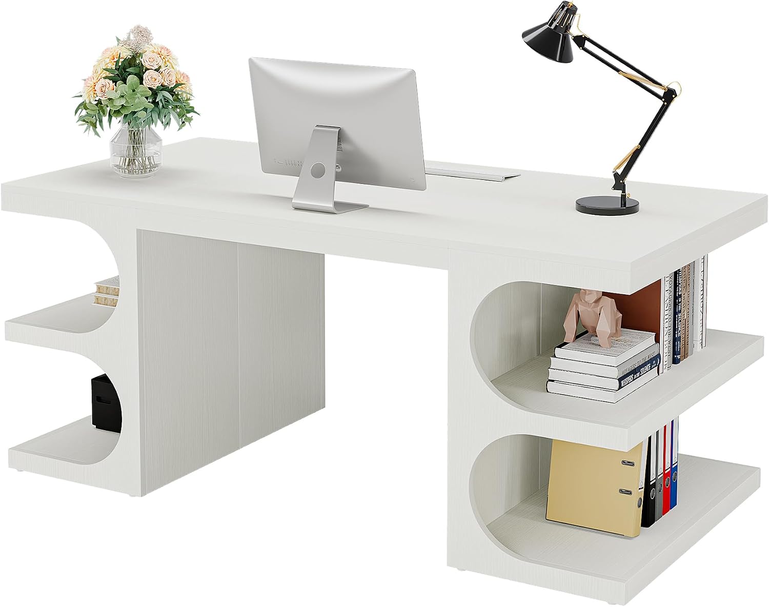Tribesigns Modern Executive Office Desk, 63-Inch Large Computer Home Office Desk with Storage Shelves, Wood Study Writing Table, Workstation Business Furniture, White
