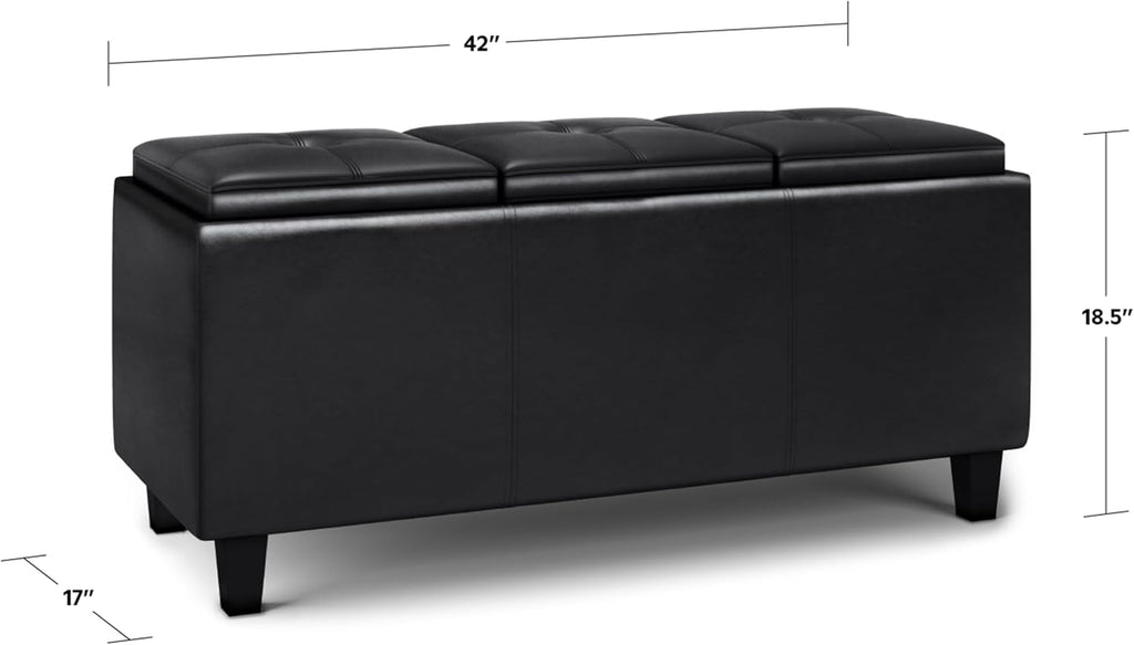 SIMPLIHOME Avalon 42 inch Wide Contemporary Rectangle Tray Storage Ottoman with Lift Up Lids in Midnight Black Vegan Faux Leather, Assembled, for the Living Room, Entryway and Family Room