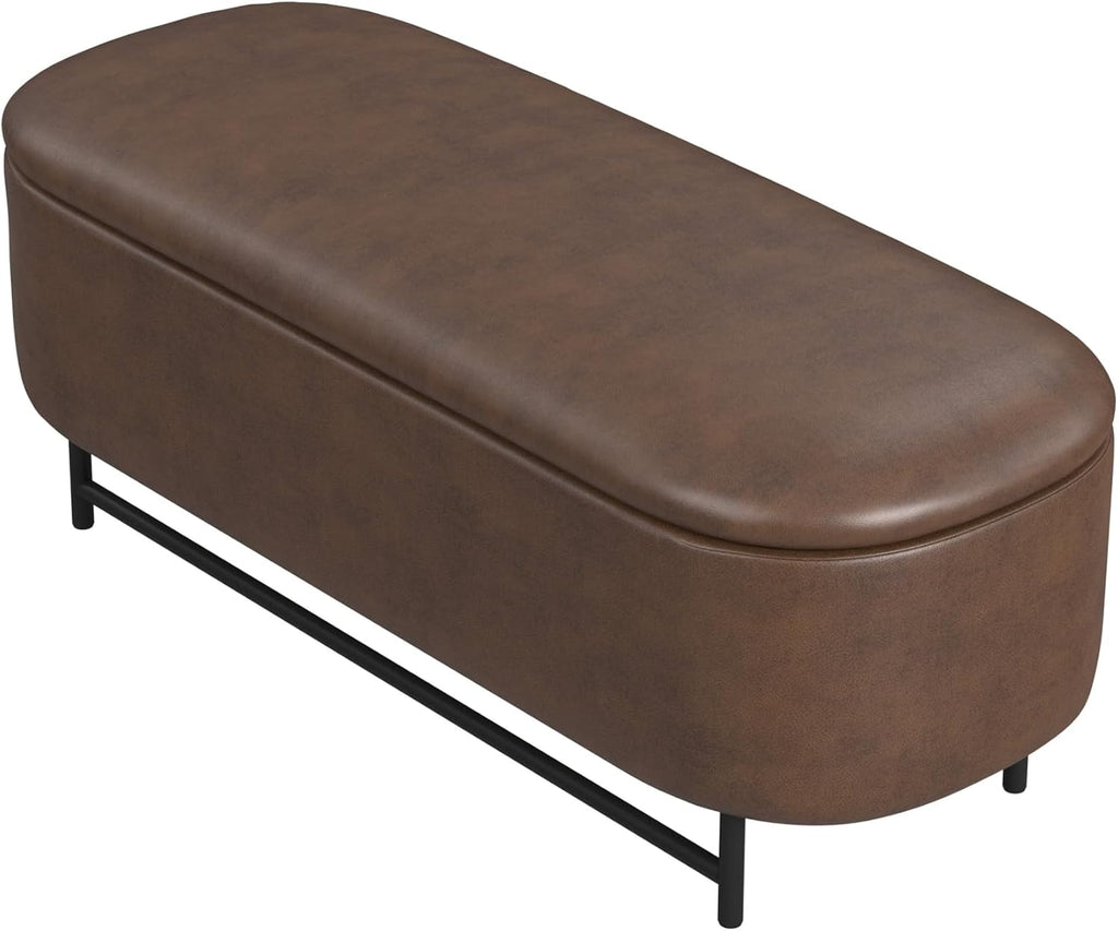 HomePop 46' Ellipse Storage Bench with Metal Legs - Brown Faux Leather