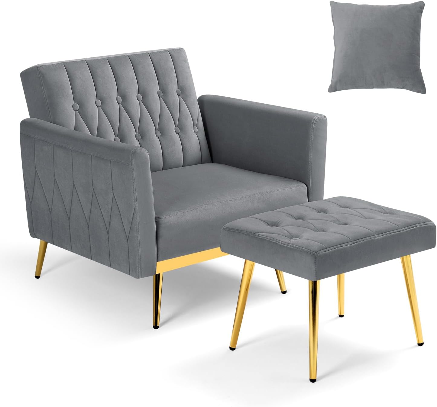 Velvet Accent Chair with Adjustable Armrests and Backrest, Button Tufted Lounge Chair, Single Recliner Armchair with Ottoman and Pillow for Living Room, Bedroom, Grey
