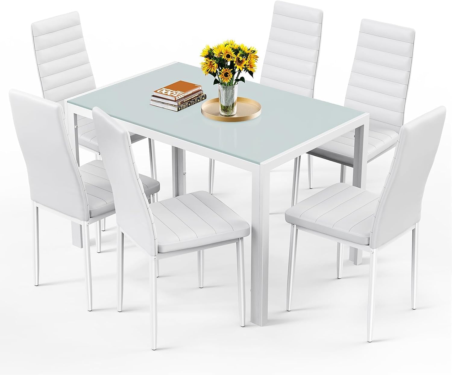 Bealife Kitchen Dining Table Set for 6, Tempered Glass 7 Piece Table and Chairs Set Modern for Home, Kitchen, Living Room, Dining Room, White