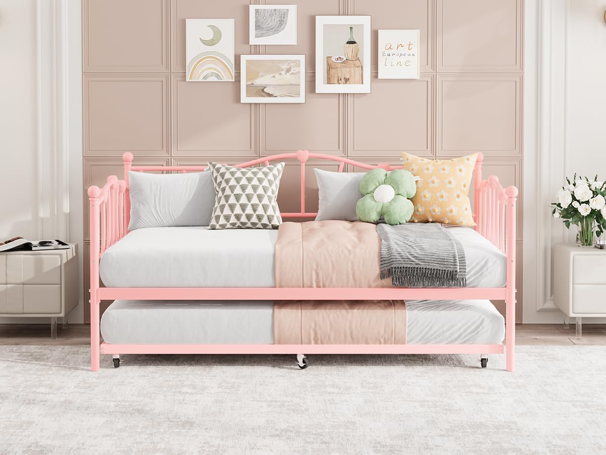 GarveeHome Twin Daybed with Trundle, Metal Sofa Bed Frame with Steel Slat Support, for Living Room, Bedroom, Love Heart Design, No Box Spring Needed, Pink