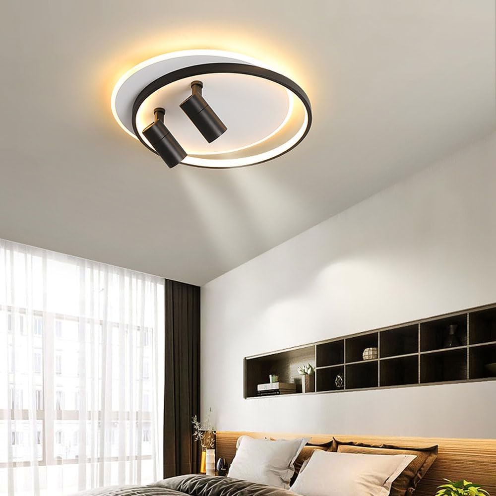 Modern LED Ceiling Light with 2 Spotlights, Dimmable Ring Ceiling Lighting Fixture with Remote Control, Indoor Flush Mount Ceiling Lamp for Bedroom Hallway Dining Room Entryway Kitchen