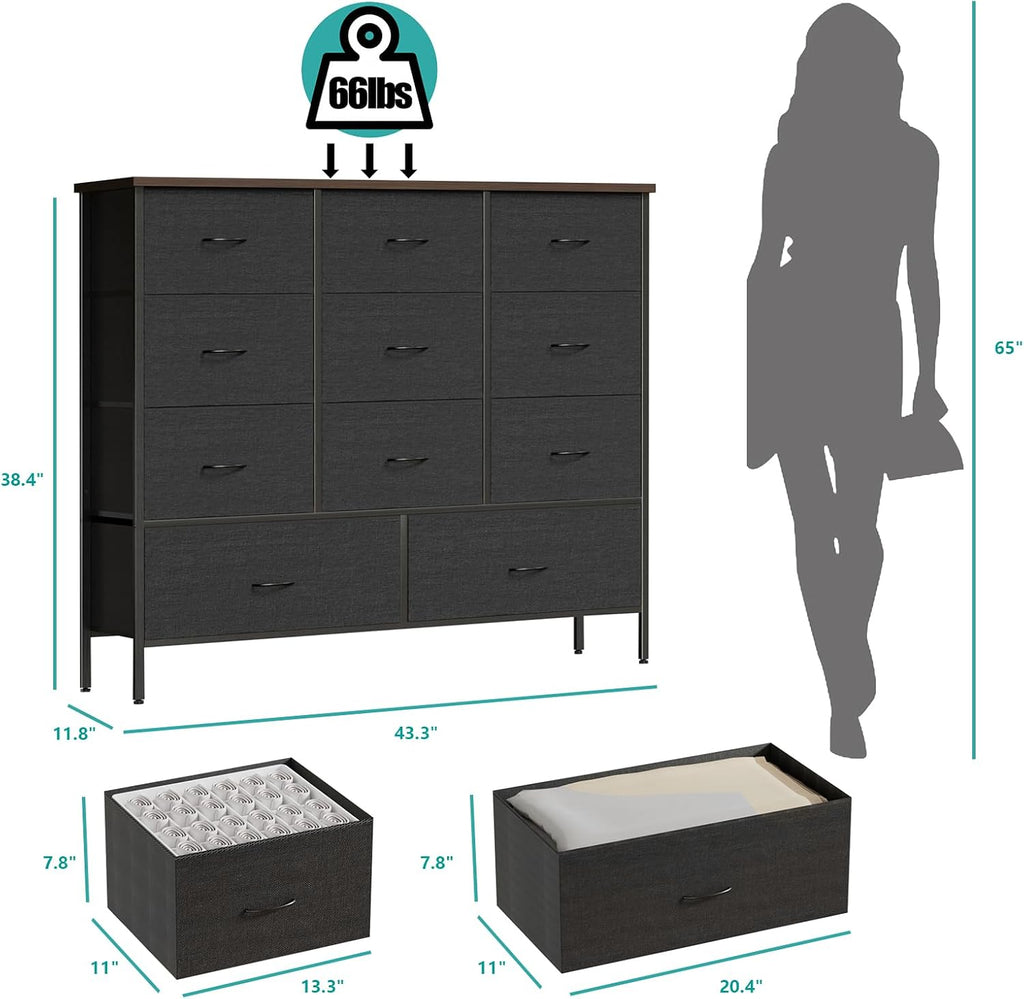 VASICAR 43.3' Wide Fabric Dresser for Bedroom, Chest of Drawers with 11 Deep Drawers, Multi-Drawers TV Stand TV Console, Storage Organizer for Closet, Nursery (Black)