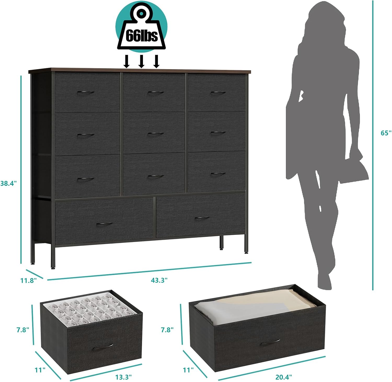 VASICAR 43.3' Wide Fabric Dresser for Bedroom, Chest of Drawers with 11 Deep Drawers, Multi-Drawers TV Stand TV Console, Storage Organizer for Closet, Nursery (Black)