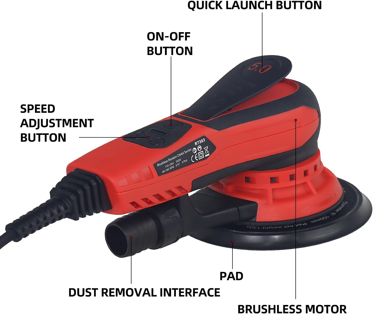 5mm Random Orbital Sander Wired，350W Brushless，4000-10K RPM Variable Speed ，Electric Palm Sander for Woodworking, Sanding and Polishing ，with 10 Sanding Paper & Dust Connector & Hose