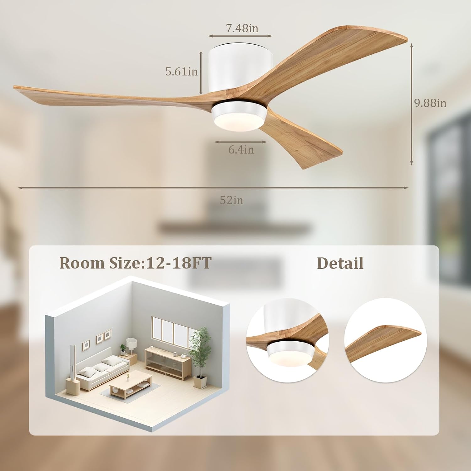 52inches Ceiling Fan with Lights,Wooden Flush Mount Ceiling Fans with Remote Control,Dimmable Light,3 CCT,6 Speeds,Noiseless DC Motor,Ceiling Fan for Bedroom,Living Room,Office,Indoor,White Walnut