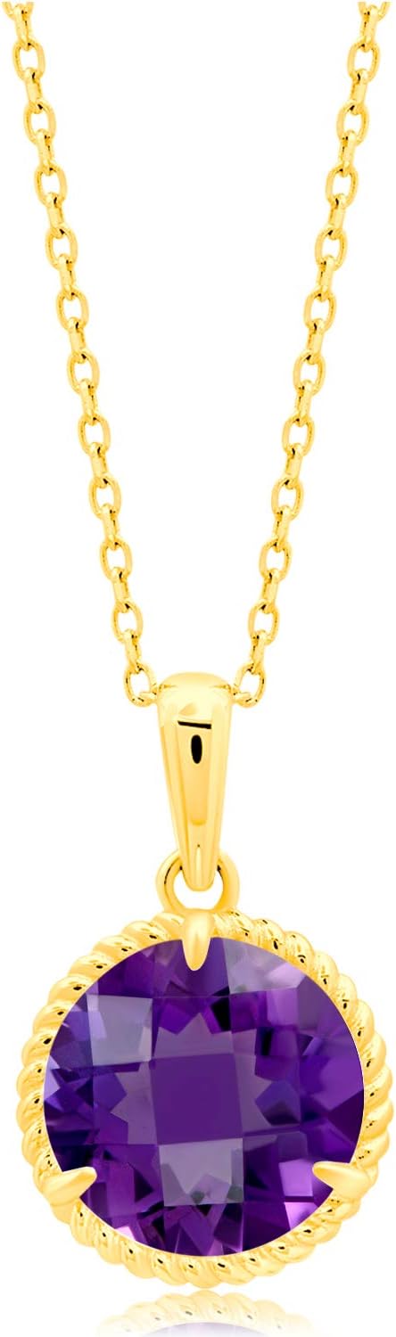 MAX + STONE 14k Yellow Gold Roped Halo Gemstone Round Pendant Necklace for Women 8mm Solitaire Birthstone with 18 Inch Cable Chain