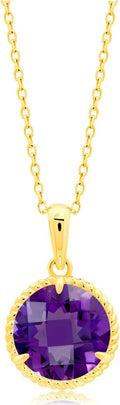MAX + STONE 14k Yellow Gold Roped Halo Gemstone Round Pendant Necklace for Women 8mm Solitaire Birthstone with 18 Inch Cable Chain