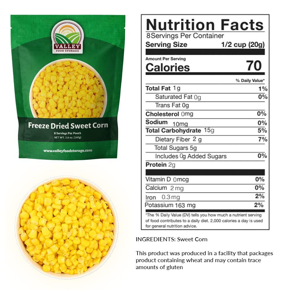 Valley Food Storage Freeze Dried Sweet Corn | 10-Bag Bucket, 56 oz | Premium Emergency Food Supply, 25 Year Shelf Life | Long Term Food Storage, Camping Meals & Prepper Supplies | Packaged in USA